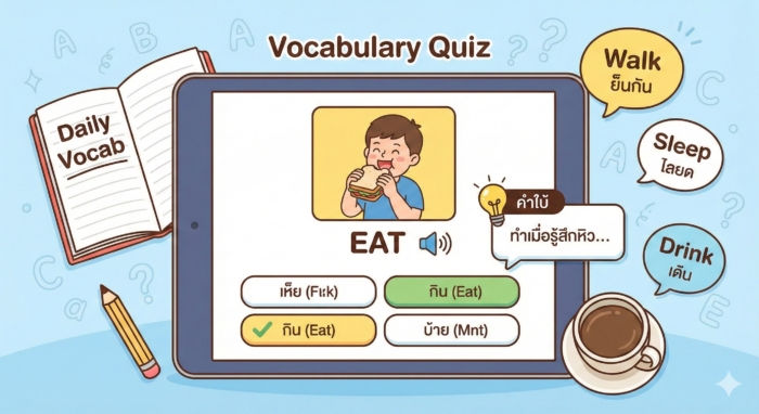 แบบทดสอบคำศัพท์ภาษาอังกฤษ (Daily Vocab) พื้นฐาน: ทายศัพท์จากภาพและคำใบ้