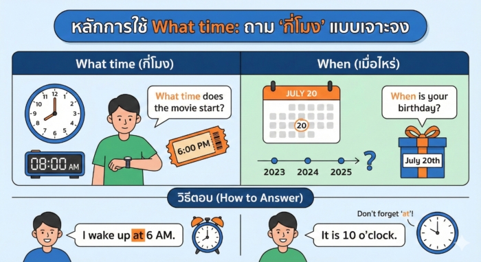 หลักการใช้ What time: ถาม "กี่โมง" แบบเจาะจง (ฉบับเข้าใจง่าย)