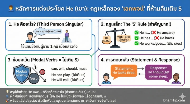 หลักการแต่งประโยค He (เขา): กฎเหล็กของ "เอกพจน์" ที่ห้ามลืมเติม S